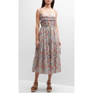 ESTELLINA | NWOT $285 Floral Tie-Shoulder Midi Dress in Multi Floral, Size Small